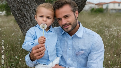 Summer field bond a boy gifting dandelion to dad nature scene heartwarming moments