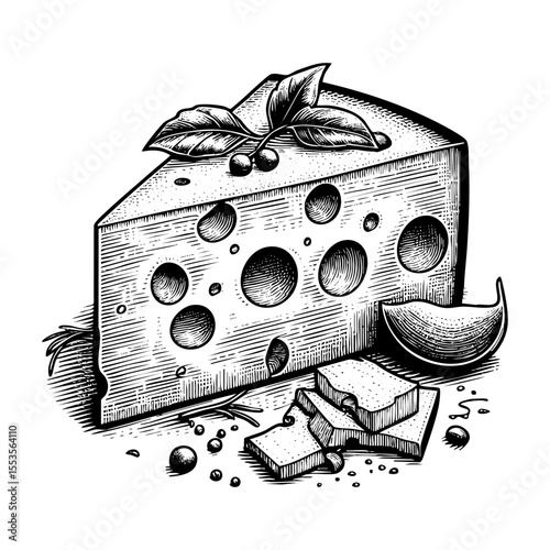 Slice of cheese engraving black and white outline. Scratch board imitation.  illustrated in vintage line art style on a white background.