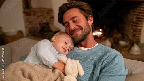 Father holding sleeping child on cozy couch by fireplace emotional moment indoor warm atmosphere