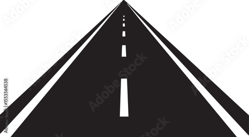 Monochrome road receding into the distance showing dashed lines and shoulder