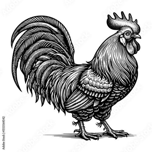 Rooster sketch engraving black and white outline. Scratch board imitation.  illustrated in vintage line art style on a white background.