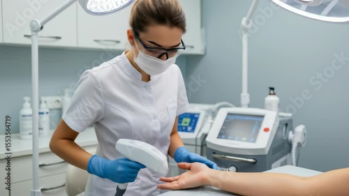 Woman esthetician performing a laser hair removal procedure on a client's arm in a medical spa setting, skin care footage.