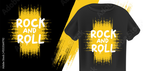 Rock N Roll T-Shirt Design Vector with bold Orange and White Grunge Text with Paint Splatters on Black Background, Ideal for Music, Streetwear, and Festival Apparel. Rock n roll logo design template