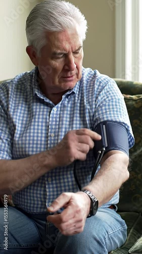 An elderly caucasian man with gray hair wearing a blue and white plaid shirt and jeans sits on a dark couch using a home blood pressure monitor adjusting cuff under soft natural light daily health