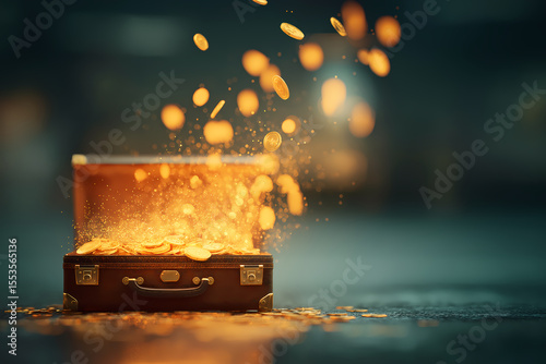 Overflowing Golden Coins of money Wealth and Success from a Business Suitcase
