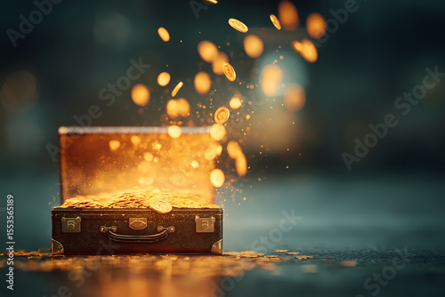Overflowing Golden Coins of money Wealth and Success from a Business Suitcase
