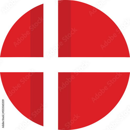 Vector illustration of Denmark national flag in circular shape featuring red background with a white Scandinavian cross symbolizing heritage and unity