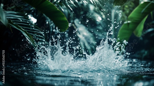 Fototapeta Naklejka Na Ścianę i Meble -  Splashing water from falling droplet in natural environment with jungle background for freshness and energy nature photography