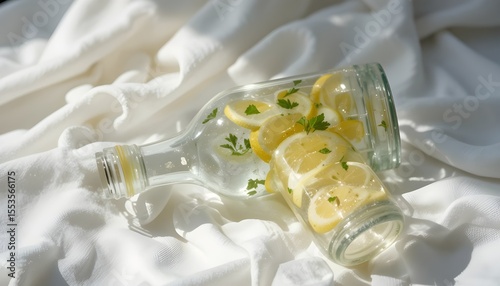 Reusable Glass Water Bottle with Lemon on Linen Background