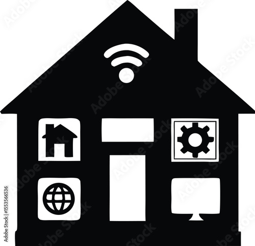Black silhouette of a modern smart home concept with integrated technology and design