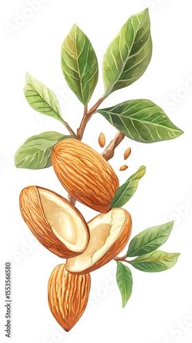 Watercolor Almond Nuts with Green Leaves on Branches Isolated on White Background