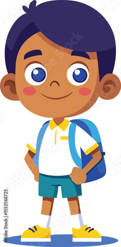 A cartoon boy with dark hair and a white shirt with a yellow collar stands with his hands on his hips. He wears blue shorts, yellow shoes, white socks, and carries a blue backpack.