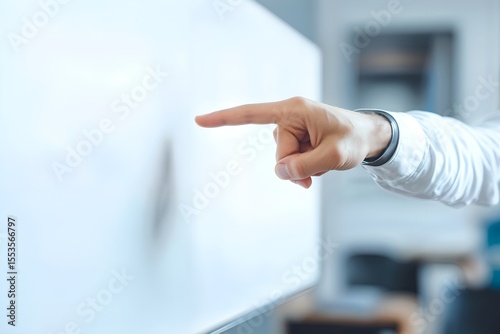 Close-up human hand pointing at blank whiteboard. Presentations, online learning, tutorials or classroom setting.
