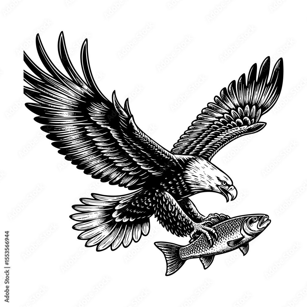Fototapeta premium Eagle flying catch salmon sketch engraving black and white outline. Scratch board imitation. illustrated in vintage line art style on a white background.