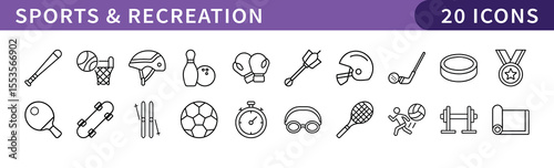 Set of 20 Sports and Recreation Icons, A collection of 20 sports and recreation icons featuring various activities, equipment, and games in a clean, simple design.
