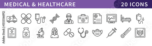 Medical and Healthcare Icons for Wellness and Care, A collection of 20 icons representing medical, healthcare, and wellness themes, perfect for health-related projects and services.
