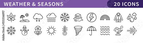 Weather and Seasons Icons for Climate and Forecast, A collection of 20 icons representing weather conditions and seasonal changes, ideal for climate or weather forecasting projects.
