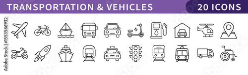Transportation and Vehicles Icons for Mobility and Travel, A collection of 20 icons representing various modes of transportation, including cars, airplanes, bikes, and more, for travel-related project