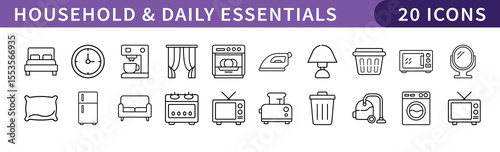 Set of 20 Household and Daily Essentials Icons, A collection of 20 icons representing common household items and daily essentials, featuring appliances, furniture, and utilities.
