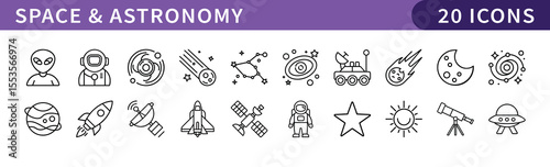 Space and Astronomy Icons Set for Exploration, A collection of 20 icons depicting space, astronomy, and extraterrestrial exploration, ideal for educational or space-themed projects.
