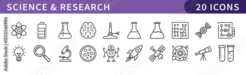Science and Research Icons Set for Innovation, A collection of 20 icons representing science, research, and innovation, ideal for educational or scientific projects.
