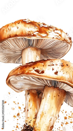 Watercolor Style Mushrooms with Brown Caps and White Background