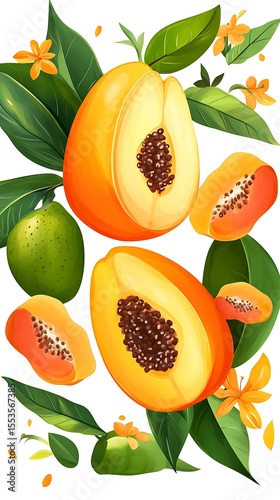 Watercolor Style Papaya Halves with Seeds, Green Mango, Leaves and Orange Flowers