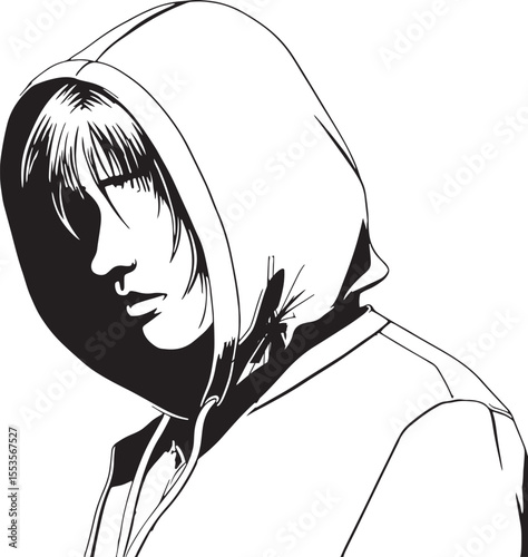 A monochrome portrait of a person wearing a hoodie their head and shoulders are visible showcasing the silhouette and facial features