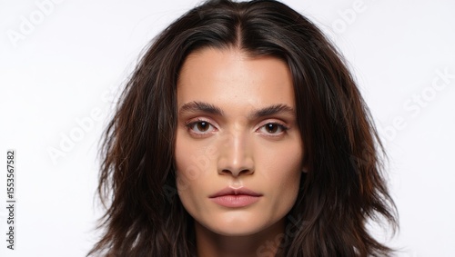 Foto frontal de una modelo joven con pelo castaño desordenado y una expresión auténtica. Retrato de belleza con maquillaje natural y mirada intensa para editorial de moda o publicidad.