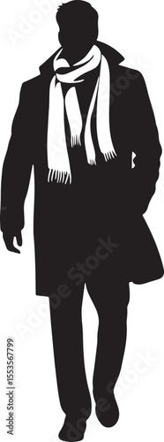 Silhouette of a stylish man in a coat and scarf walking forward against a white background depicting modern fashion