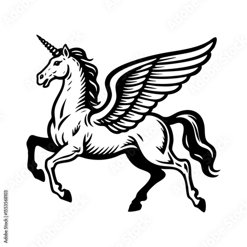 Unicorn sketch engraving black and white outline. Scratch board imitation.  illustrated in vintage line art style on a white background.