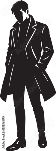 Stylish silhouette of a man in a trench coat standing with hands in pockets monochrome illustration