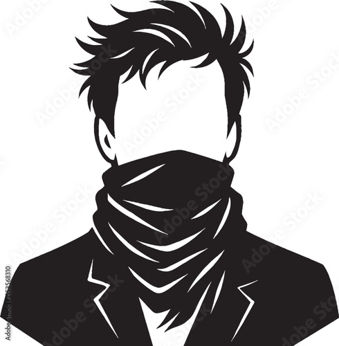 Vector illustration of a man_s face shrouded in a scarf with spiky hair and a blazer in monochromatic style ideal for design