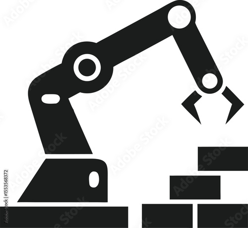 Robotic arm constructing a wall of bricks black silhouette design with transparent background