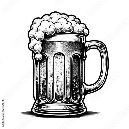 a glass of beer full of foam engraving black and white outline. Scratch board imitation.
