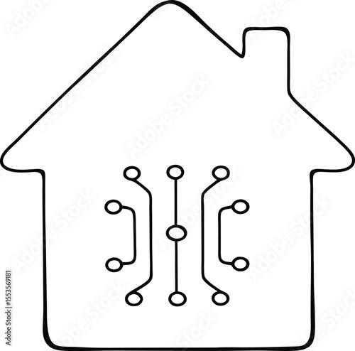 Black silhouette of a house outline with a glowing circuit board embedded