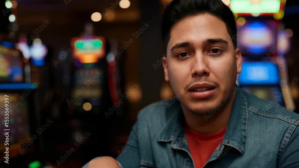 Young man engaged in conversation at a casino surrounded by slot machines and colorful lights Young man engaged in conversation at a casino surrounded by slot machines and colorful lights