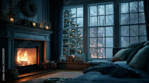 A cozy and peaceful living room on a snowy Christmas night, with a warm fire in the fireplace and a lit tree seen through the window.

