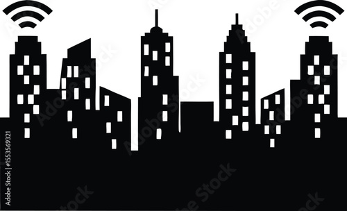 Cityscape silhouette with glowing elements depicting urban nighttime scenery for designs