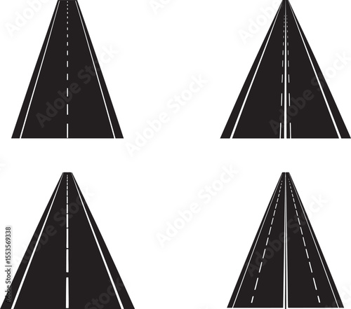 Four asphalt road section illustrations converging to a vanishing point perspective