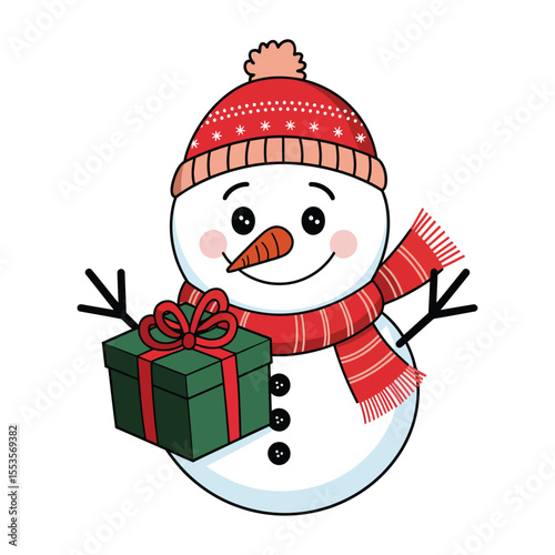 A cute, festive illustration of a smiling snowman holding wrapped Christmas presents. The snowman has a round, friendly face, black button eyes, a carrot nose, and rosy cheeks.
