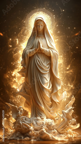 White statue of the Blessed Virgin Mary illuminated by golden divine light, symbolizing the Assumption into heaven, holiness, purity, and spiritual grace, with space for religious or sacred text