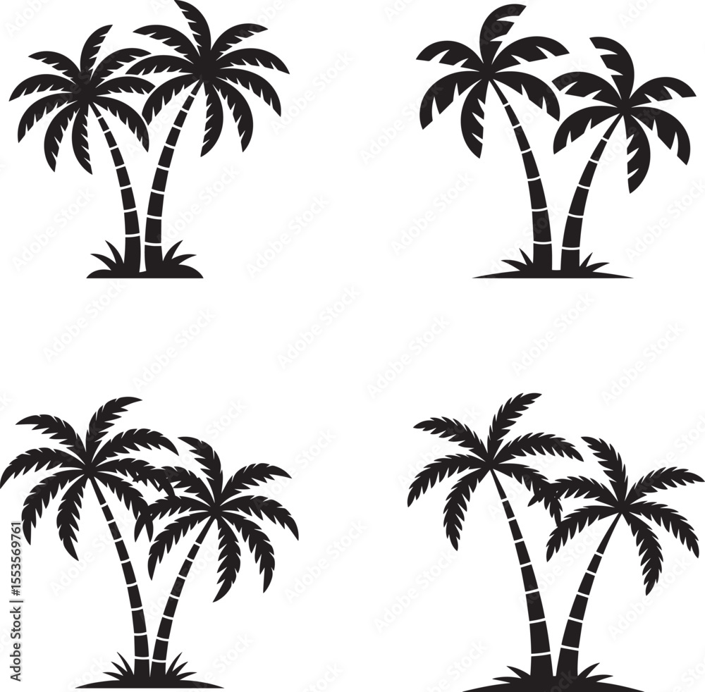 Fototapeta premium Four stylized black palm tree silhouettes on white background