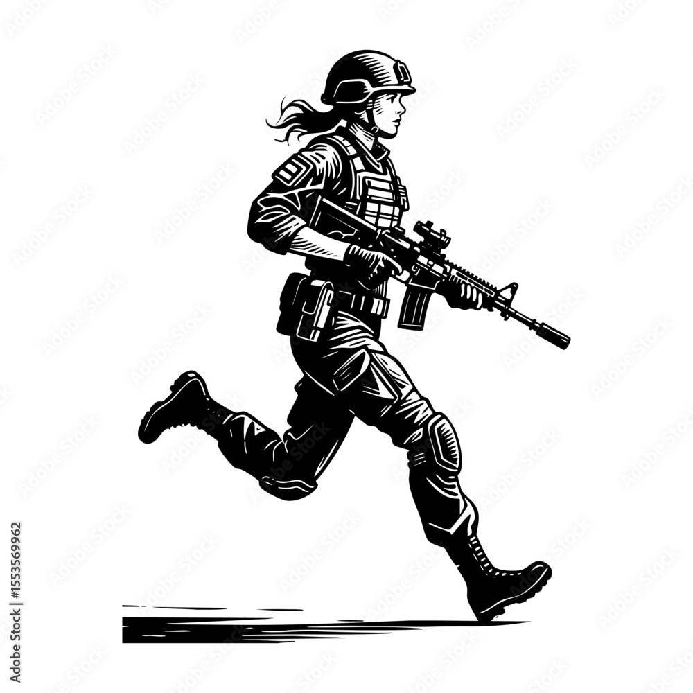 Fototapeta premium Soldier running with rifle and full gear engraving black and white outline. Scratch board imitation.