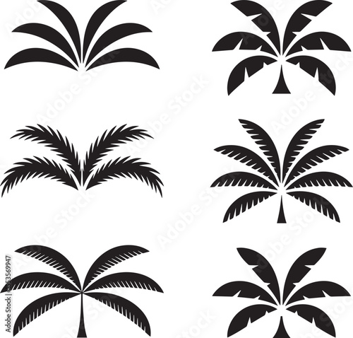 Collection of six stylized black palm tree silhouettes on a white background