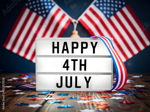 Celebrate the Fourth of July with festive American flags, a patriotic light box, and colorful star confetti decoration.