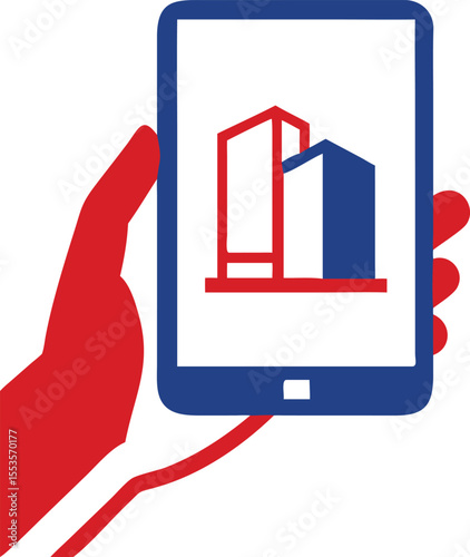 Mobile real estate app concept featuring modern buildings displayed on smartphone