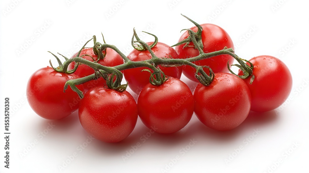 Fresh, ripe cherry tomatoes on the vine displayed on a clean, white background, ideal for culinary blogs, recipe books, or healthy eating campaigns to emphasize freshness and quality, Fresh, ripe cherry tomatoes on the vine displayed on a clean, white background, ideal for culinary blogs, recipe books, or healthy eating campaigns to emphasize freshness and quality,