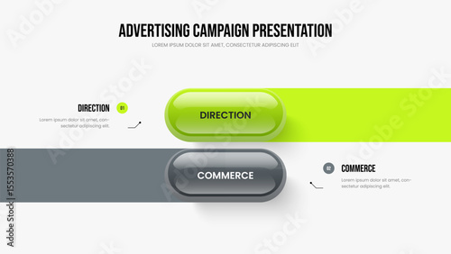 Business Plan Presentation Template Vector Illustration. Service Campaign Two Step Diagram Slide Design. Modern Strategy 2 Element Infographic Slideshow Layout.