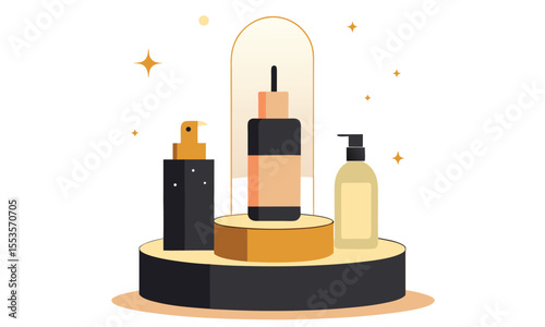A minimalist flat illustration showcasing three cosmetic bottles displayed on a tiered pedestal with a golden dome and sparkling stars representing luxury beauty products